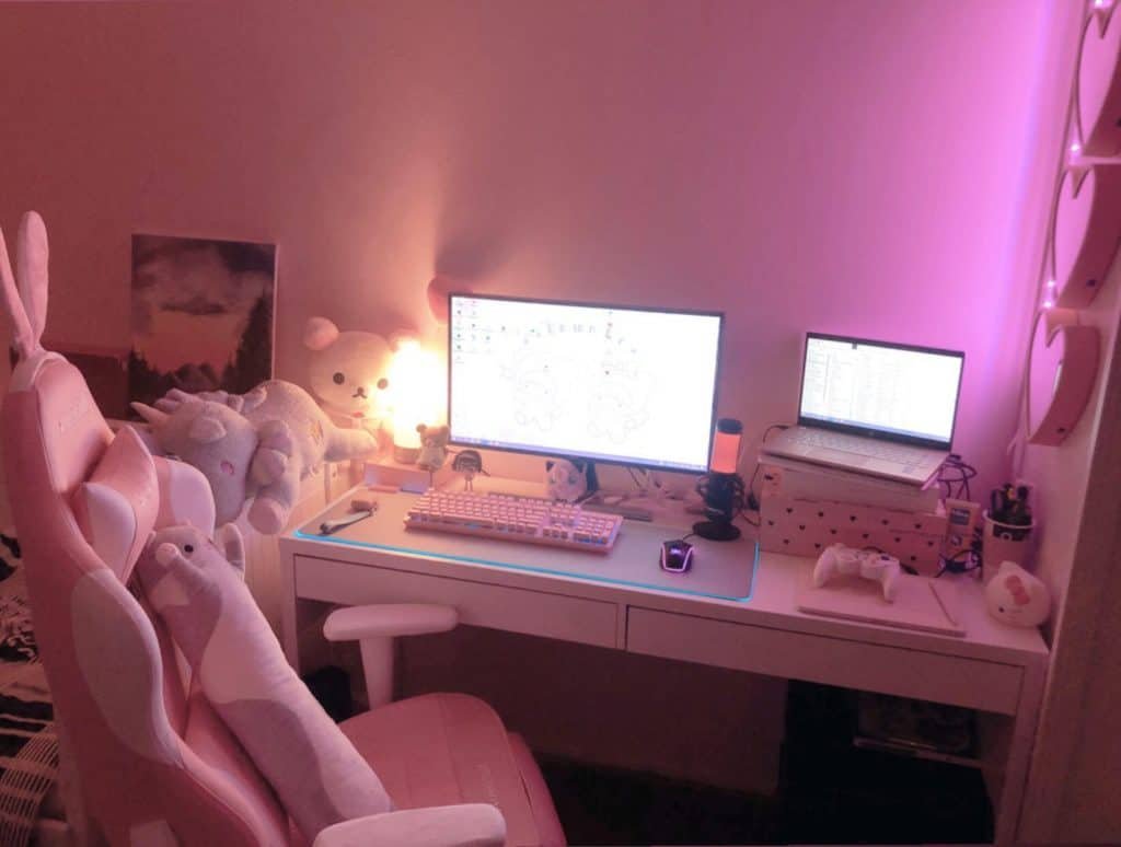 Pink and white gaming setup