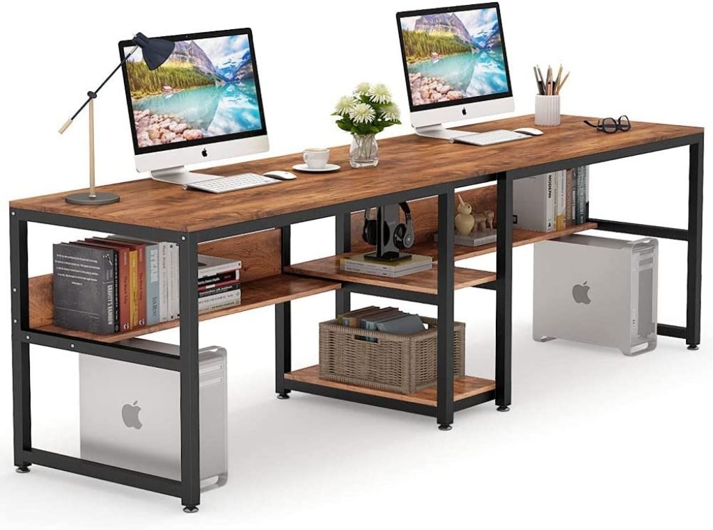 Tribesigns Two Person Desk with Bookshelf